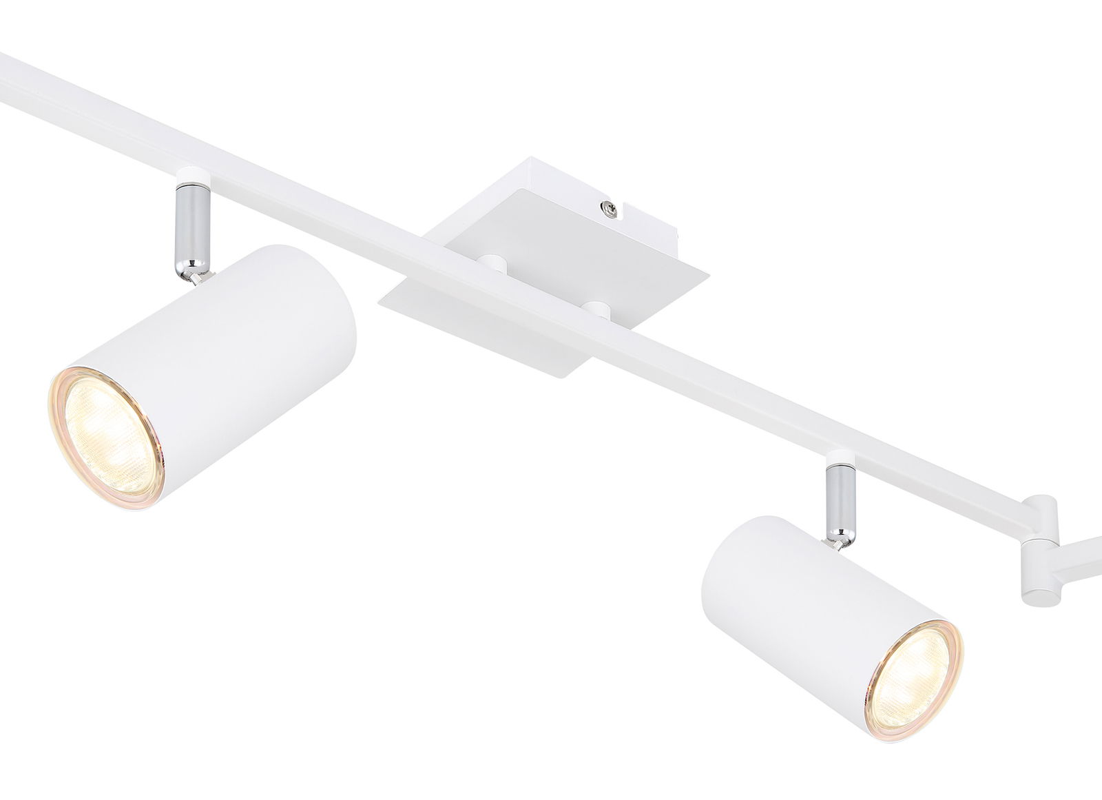 Moderner weißer Deckenstrahler mit zwei verstellbaren Leuchten, seitliche Perspektive