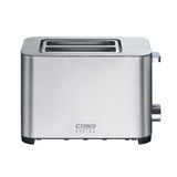 Silberner Toaster mit zwei Schlitzen, seitliche Ansicht