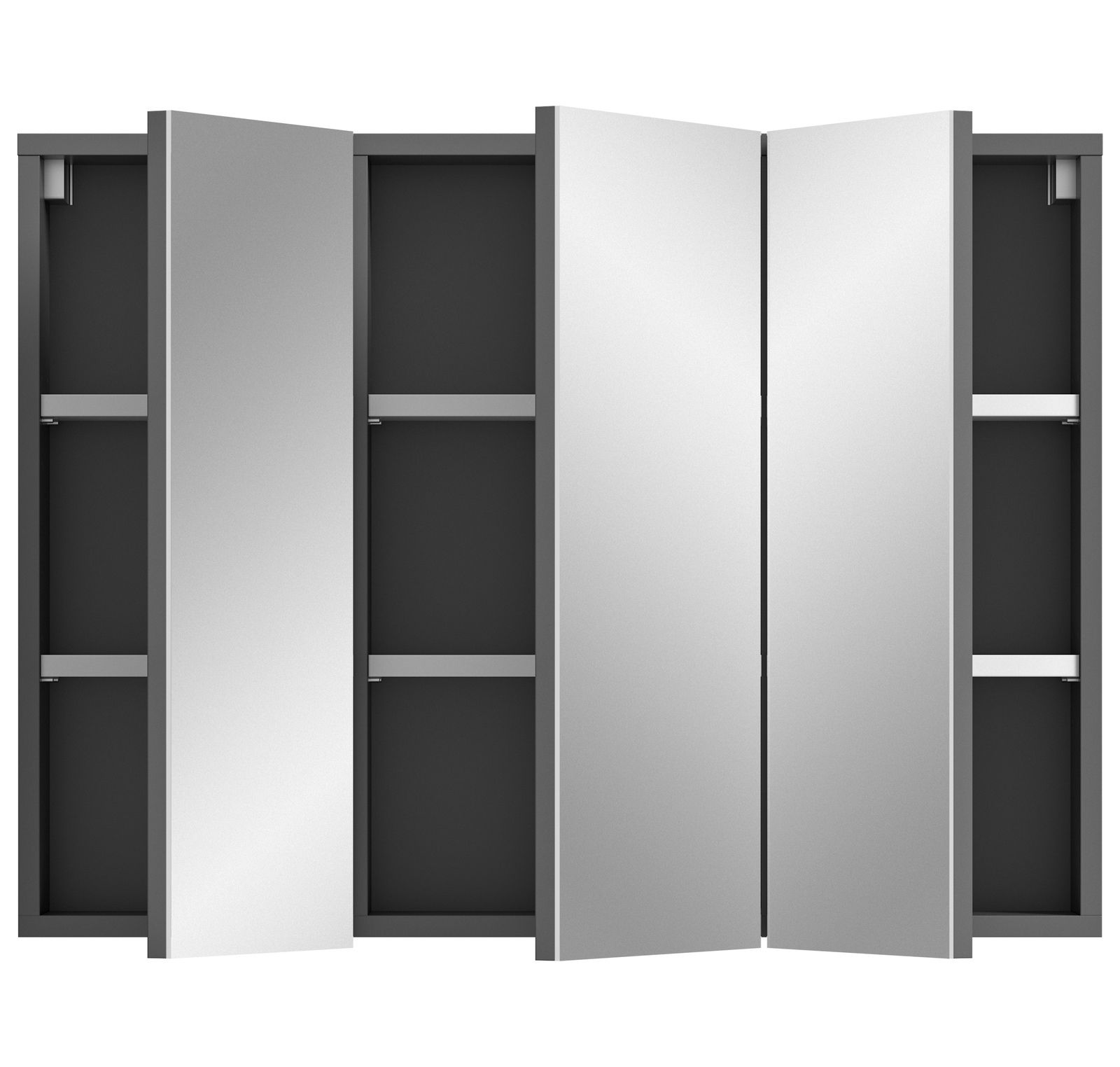 Spiegelschrank mit vier Türen, teilweise geöffnet, Frontansicht