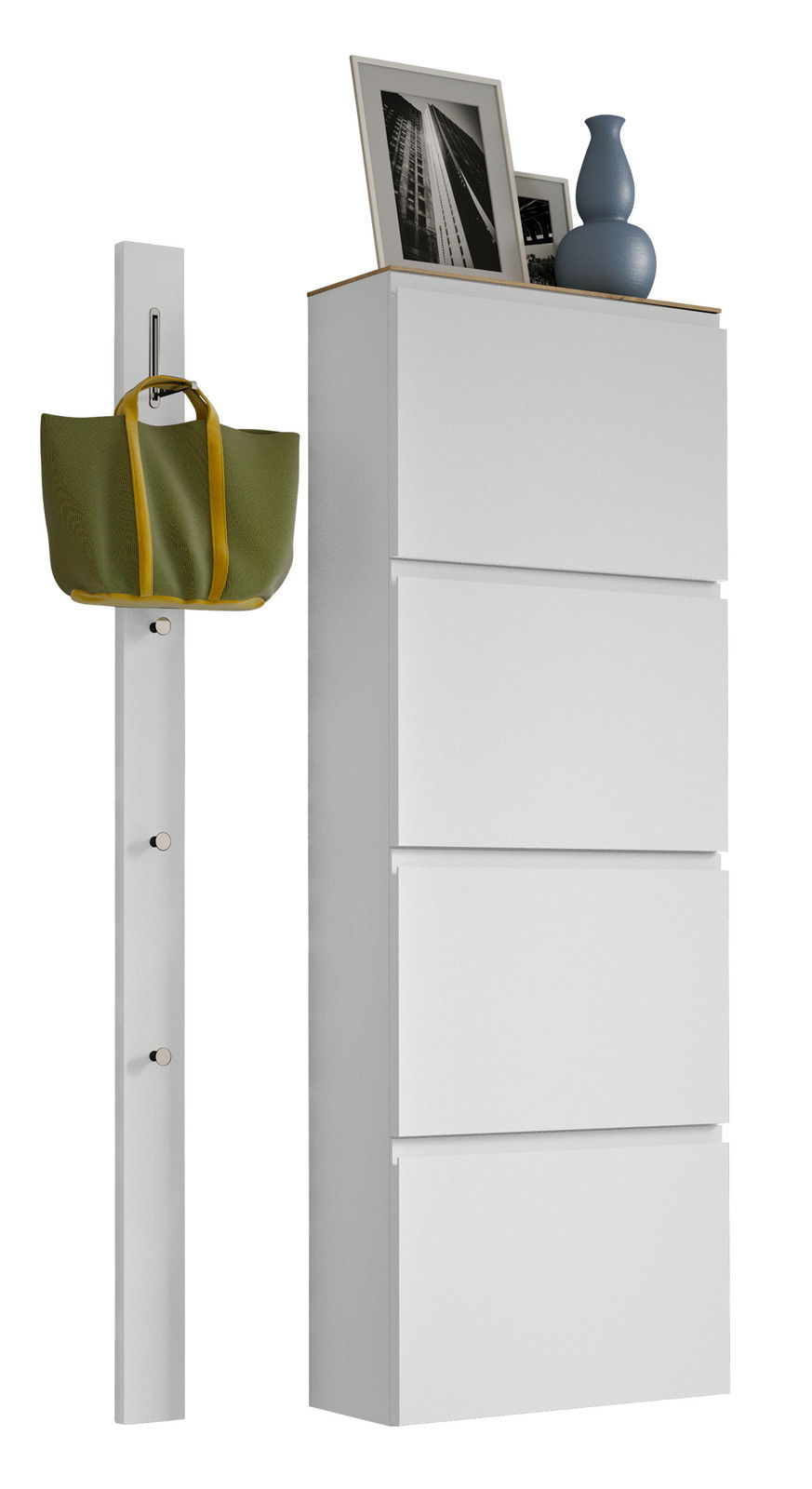 Garderobenset in Weiß mit vier Schubladen und einer Hakenleiste, seitliche Perspektive