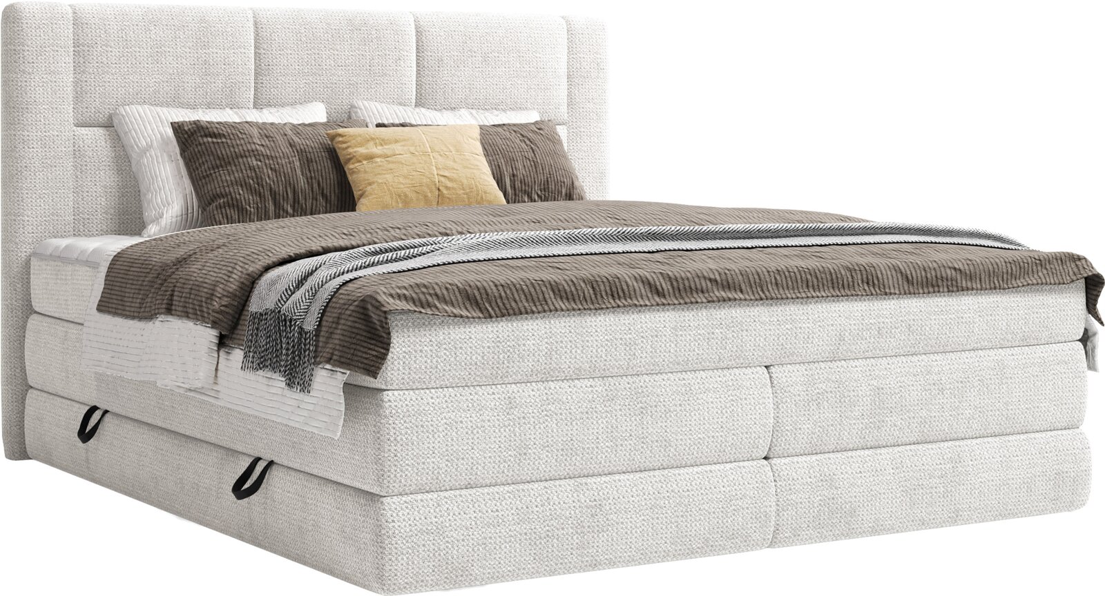 Lichtgrijs gestoffeerd boxspringbed met hoog, gecapitonneerd hoofdbord en grijs beddengoed, gefotografeerd in schuin vooraanzicht