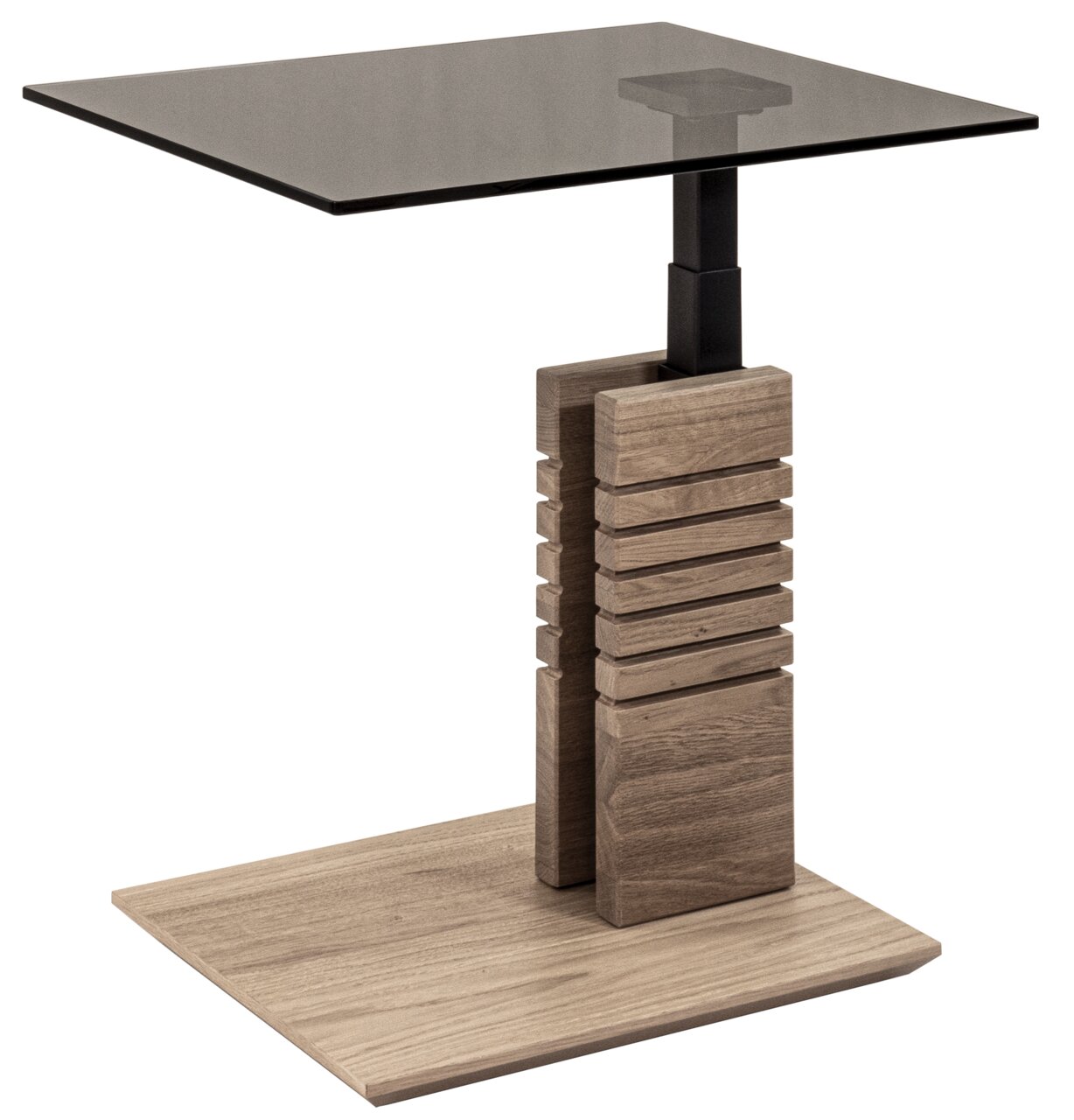 Moderne bijzettafel met glazen blad en houten onderstel, zijaanzicht