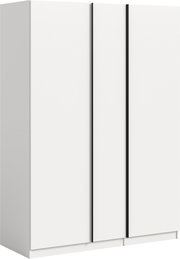 Weißer, minimalistischer Kleiderschrank mit zwei Türen und schwarzen vertikalen Griffleisten, schräg von vorne links fotografiert