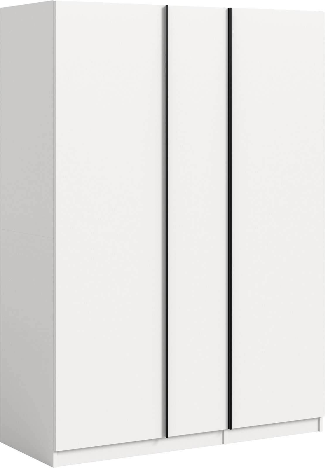 Weißer, minimalistischer Kleiderschrank mit zwei Türen und schwarzen vertikalen Griffleisten, schräg von vorne links fotografiert