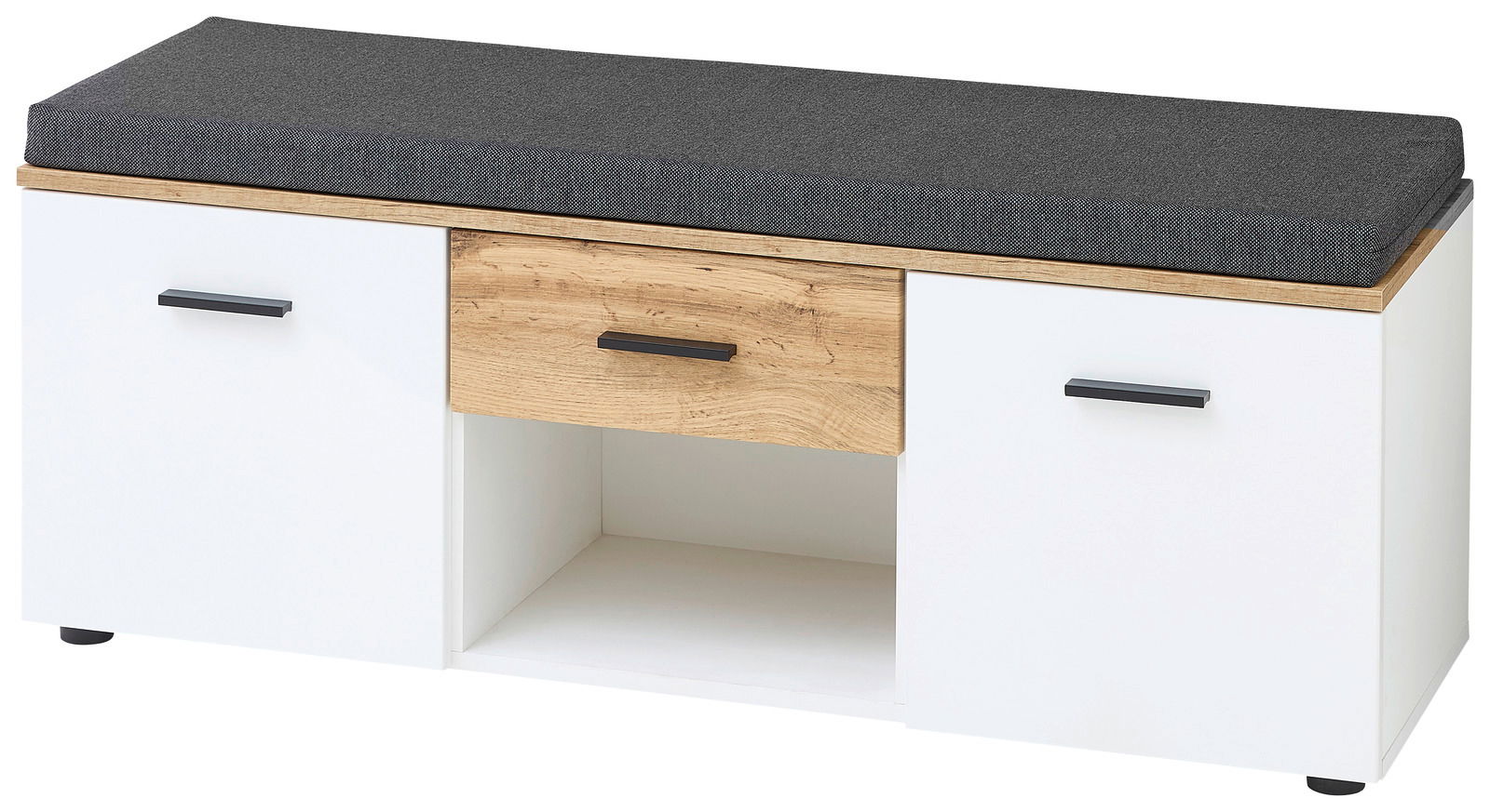 XORA Garderobenbank SPARKS Garderobenbank mit weißem Korpus, Holzschublade und grauem Sitzpolster, Frontalansicht