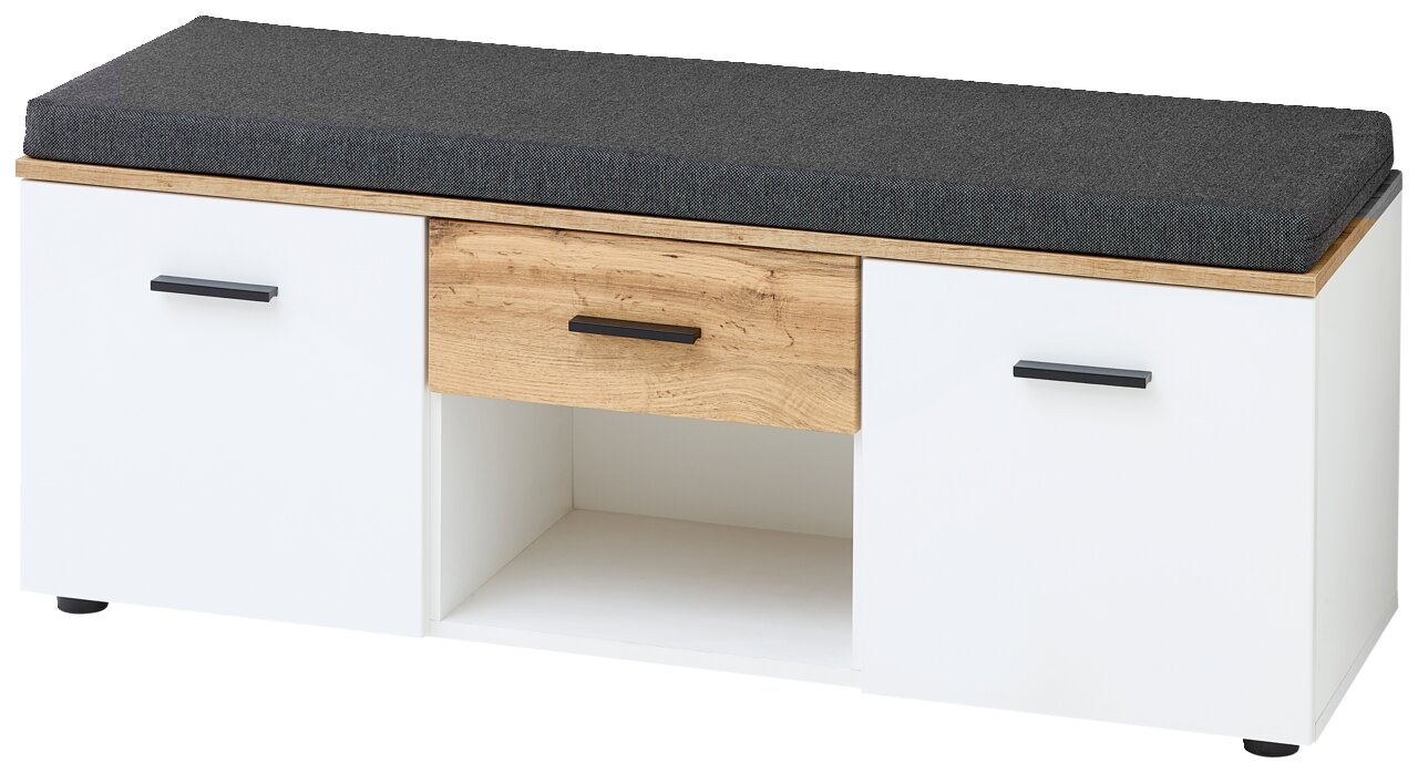 XORA Garderobenbank SPARKS Garderobenbank mit weißem Korpus, Holzschublade und grauem Sitzpolster, Frontalansicht
