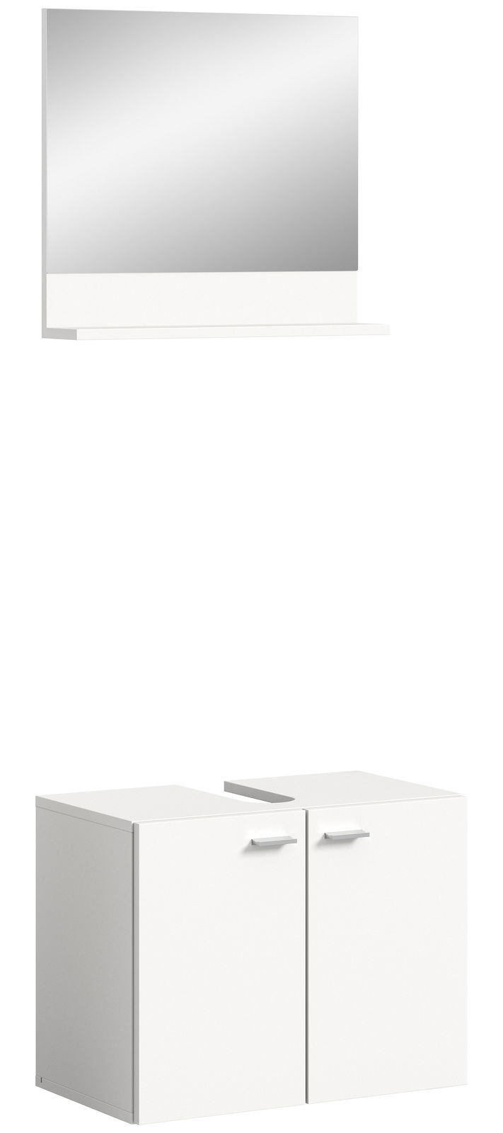 MID.YOU Waschbeckenunterschrank inkl. Spiegel BOSTON Weißer Waschbeckenunterschrank mit zwei Türen und einem darüber hängenden Spiegel, frontal betrachtet.