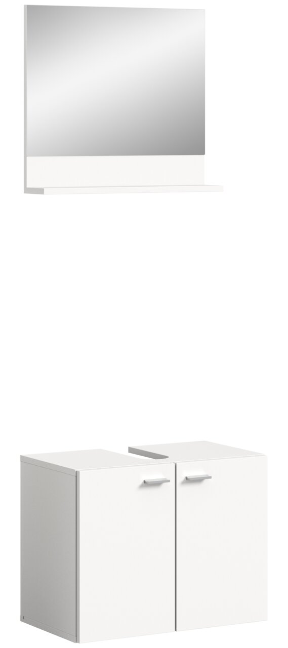 MID.YOU Waschbeckenunterschrank inkl. Spiegel BOSTON Weißer Waschbeckenunterschrank mit zwei Türen und einem darüber hängenden Spiegel, frontal betrachtet.