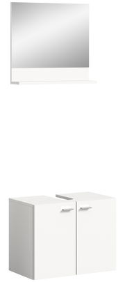 Weißer Waschbeckenunterschrank mit zwei Türen und einem darüber hängenden Spiegel, frontal betrachtet.