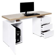 Moderner Schreibtisch mit Holzplatte, weißen Schubladen und Stauraum für einen Computer, seitliche Perspektive