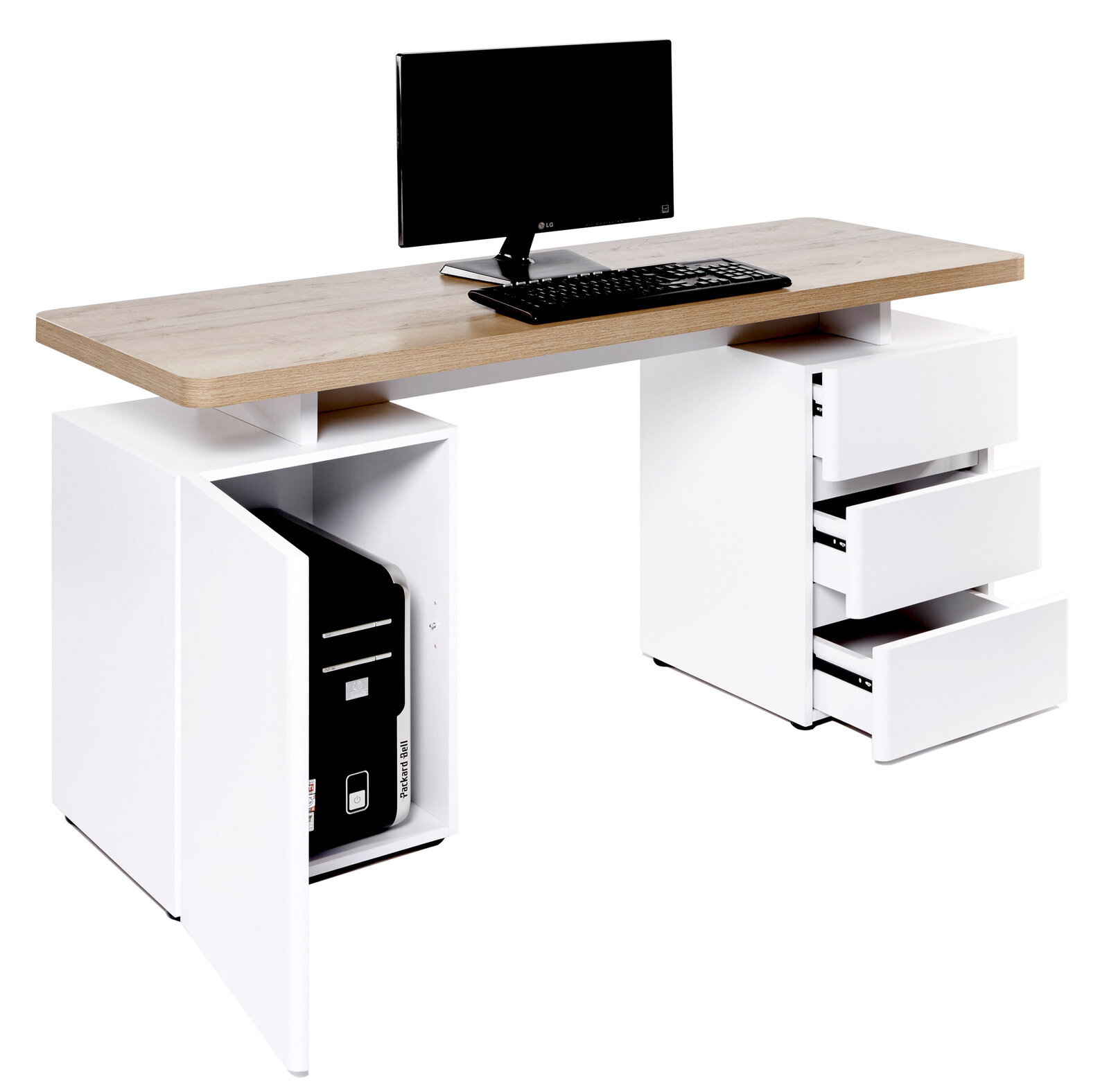 Moderner Schreibtisch mit Holzplatte, weißen Schubladen und Stauraum für einen Computer, seitliche Perspektive