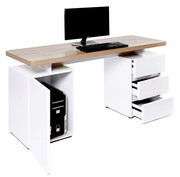 Moderner Schreibtisch mit Holzplatte, weißen Schubladen und Stauraum für einen Computer, seitliche Perspektive