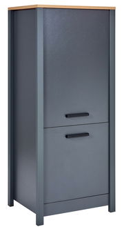 Grauer Vorratsschrank mit zwei Türen und Holzplatte, seitliche Perspektive