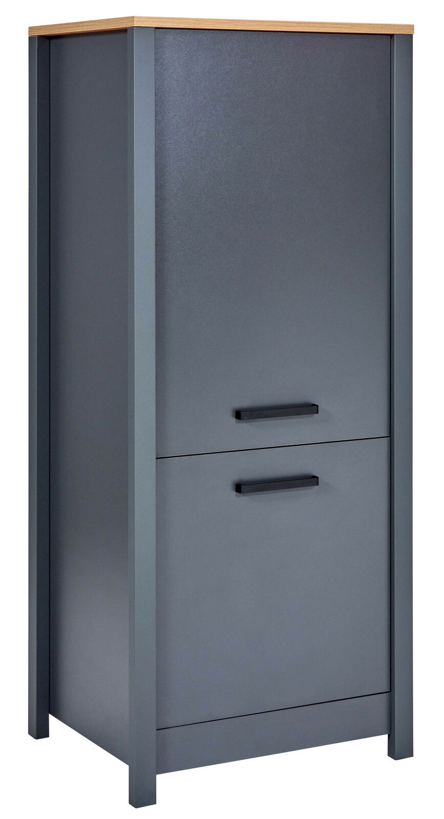 Grauer Vorratsschrank mit zwei Türen und Holzplatte, seitliche Perspektive