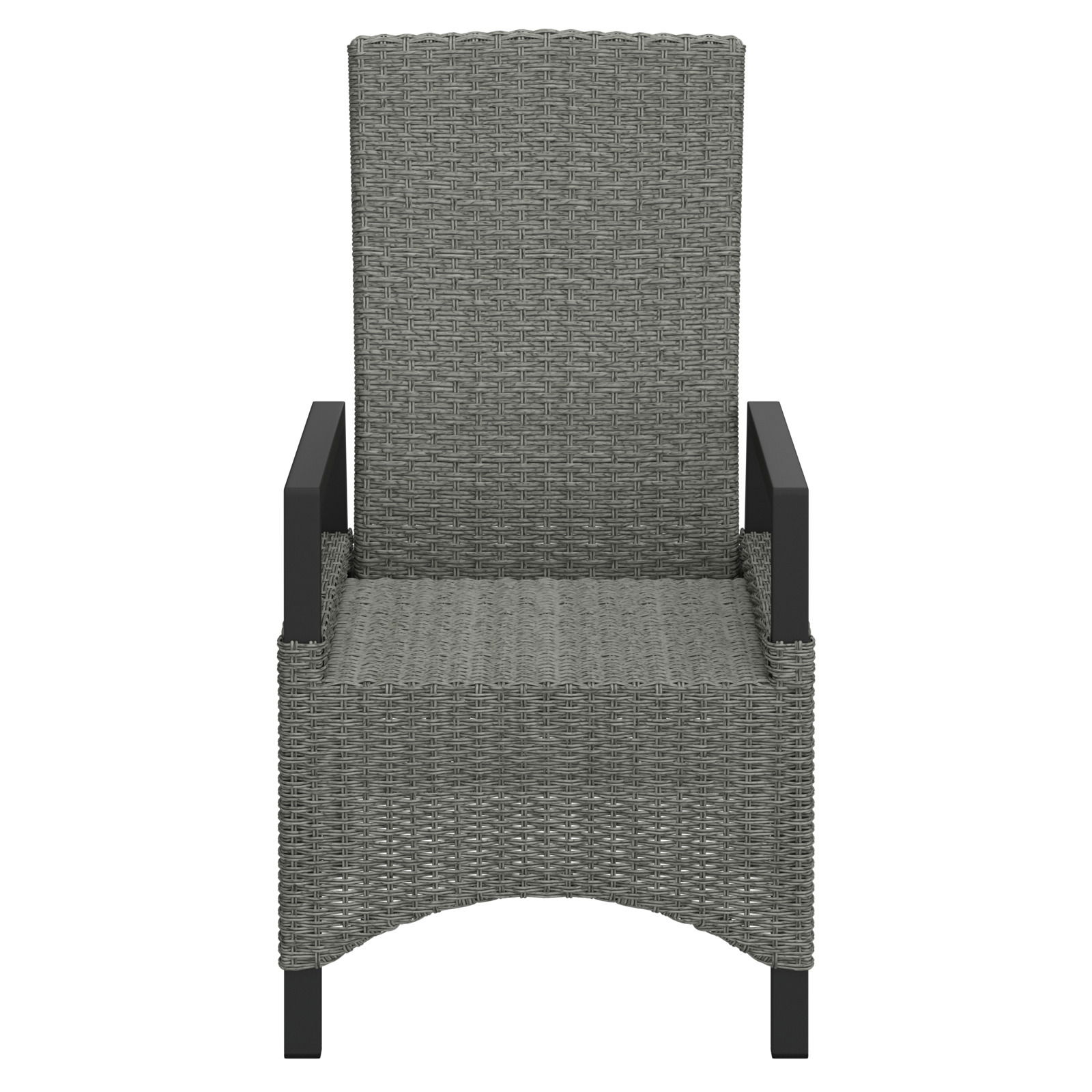 Gartensessel aus grauem Geflecht mit schwarzen Armlehnen, Vorderansicht
