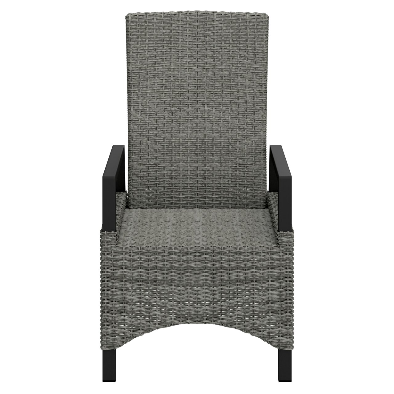 Gartensessel aus grauem Geflecht mit schwarzen Armlehnen, Vorderansicht