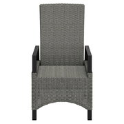 Gartensessel aus grauem Geflecht mit schwarzen Armlehnen, Vorderansicht