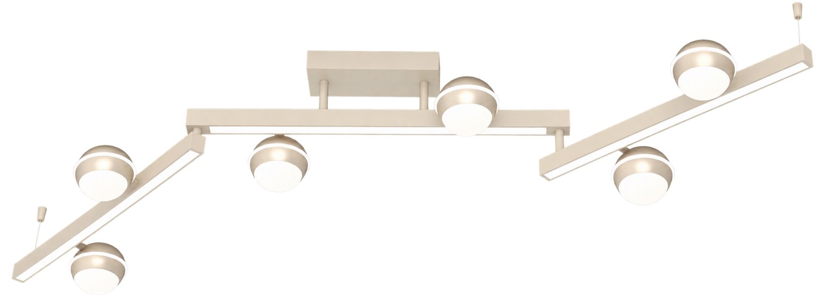 Moderne champagnekleurige LED-plafondlamp met drie strakke lichtbalken en vijf ronde lichtmodules, schuin van onderen gezien.