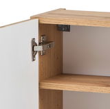 Hängeschrank aus Holz mit geöffneter Tür, seitliche Perspektive