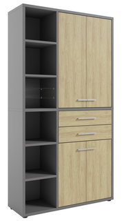 Moderner Aktenschrank in Holzoptik mit grauem Rahmen, offene Regalfächer links und geschlossene Schranktüren rechts, Perspektive von vorne.