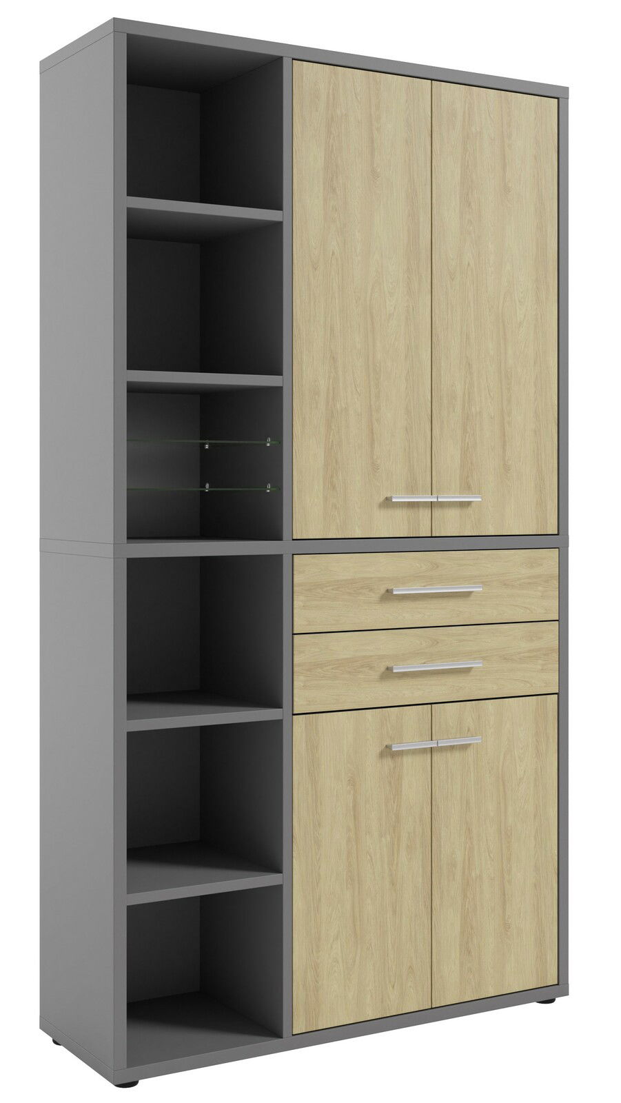 Moderner Aktenschrank in Holzoptik mit grauem Rahmen, offene Regalfächer links und geschlossene Schranktüren rechts, Perspektive von vorne.