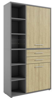 Moderner Aktenschrank in Holzoptik mit grauem Rahmen, offene Regalfächer links und geschlossene Schranktüren rechts, Perspektive von vorne.