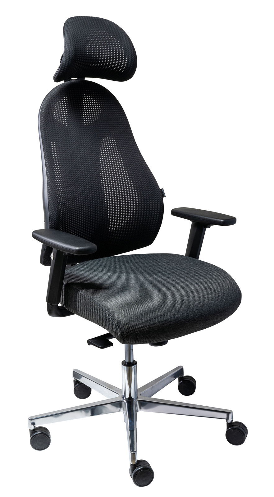 Ergonomischer Drehstuhl mit Netzrückenlehne und Kopfstütze, seitliche Perspektive