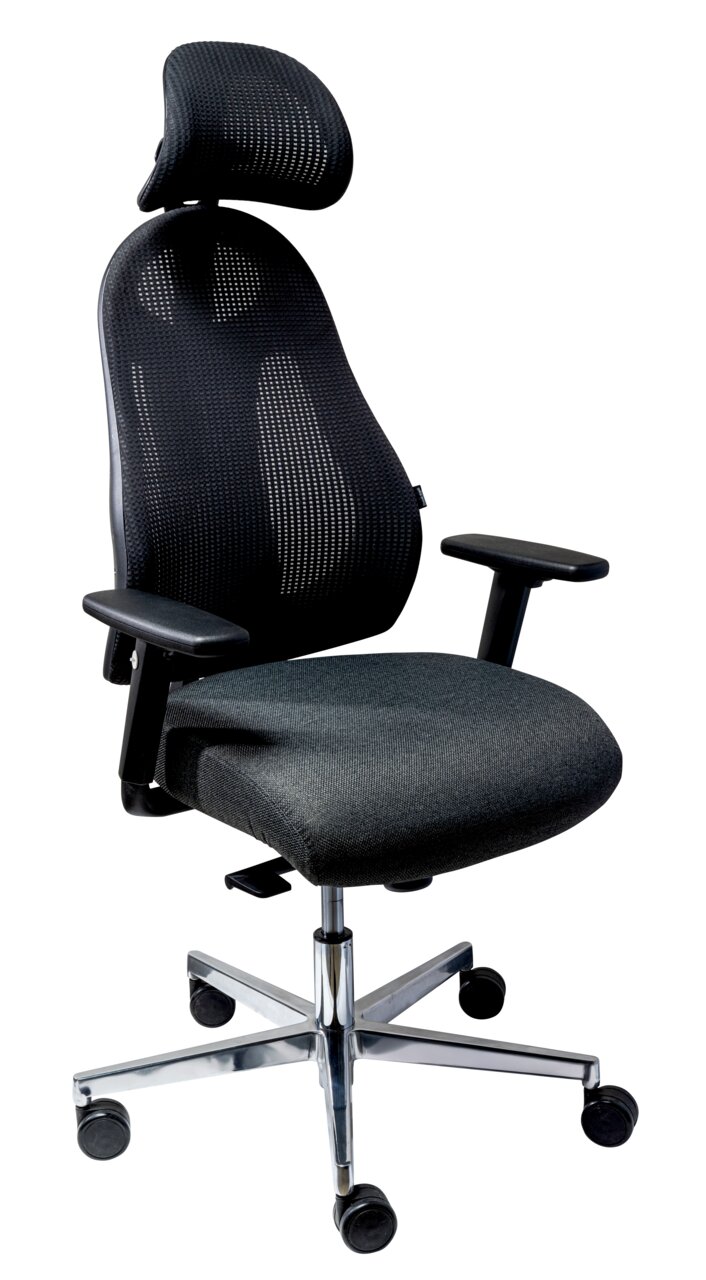 Ergonomischer Drehstuhl mit Netzrückenlehne und Kopfstütze, seitliche Perspektive
