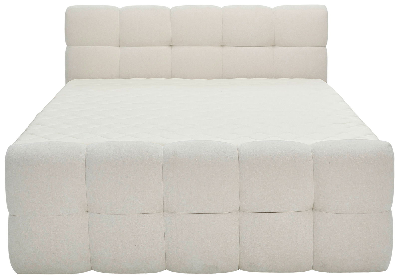 Frontale Ansicht eines eleganten Boxbetts mit gepolstertem Kopfteil und gestepptem Bezug in Cremefarbe.