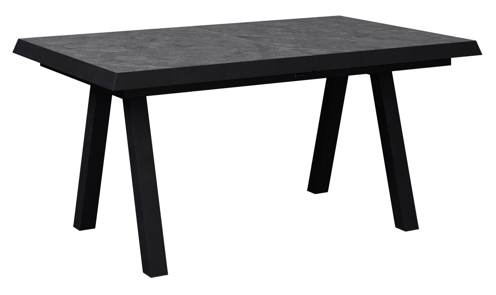 Moderner, ausziehbarer Gartentisch in dunkler Steinoptik, seitliche Perspektive