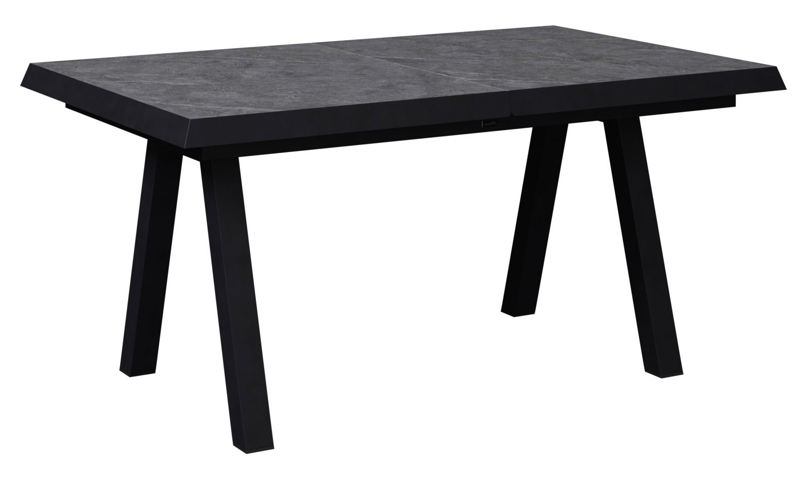 Moderner, ausziehbarer Gartentisch in dunkler Steinoptik, seitliche Perspektive