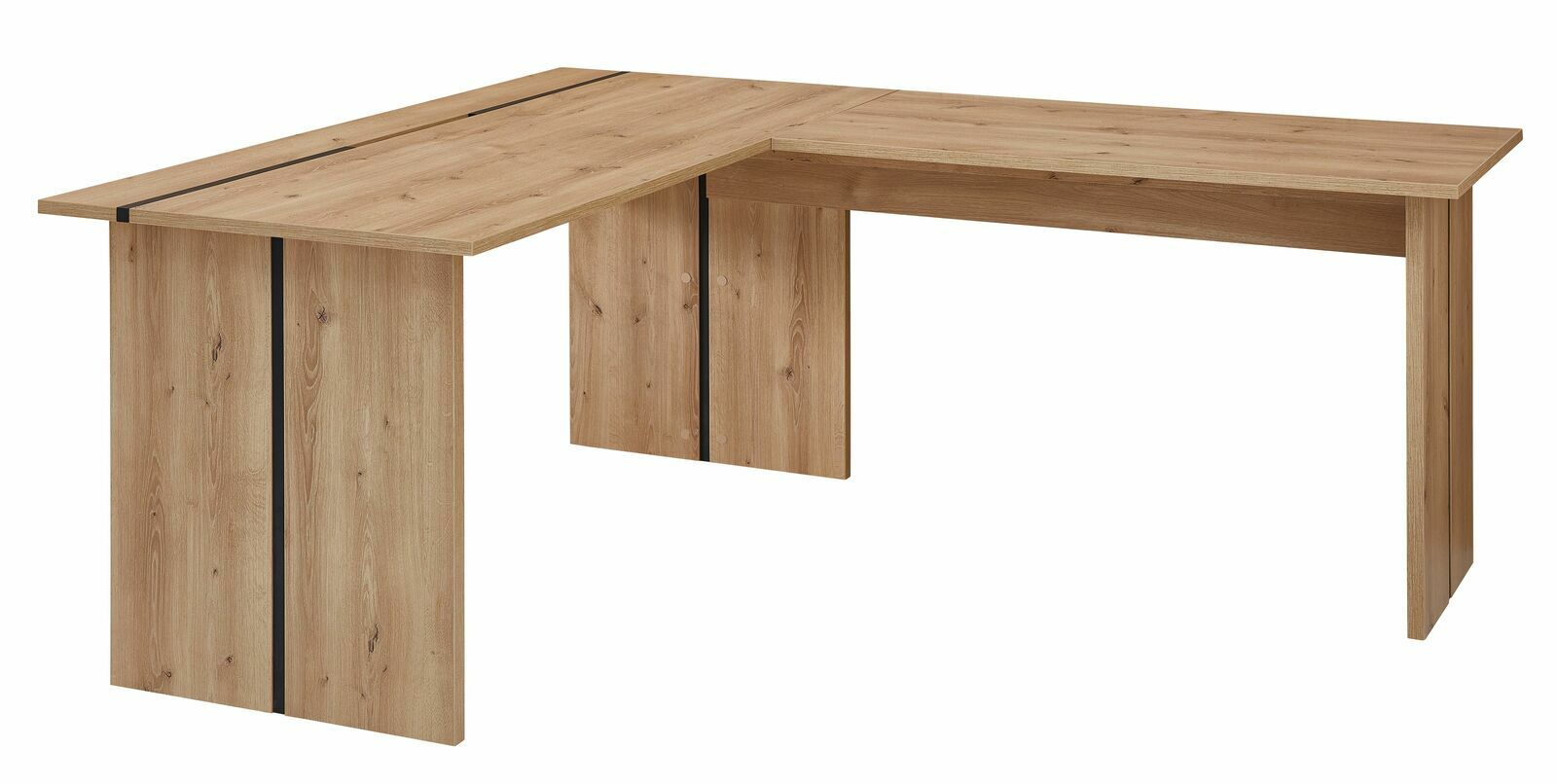 L-förmiger Holztisch mit natürlicher Holzmaserung, seitliche Perspektive