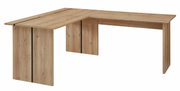 L-förmiger Holztisch mit natürlicher Holzmaserung, seitliche Perspektive