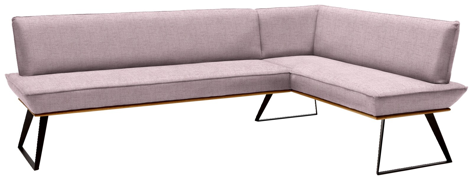 L-vormige hoekbank met lichtgrijze stoffen bekleding en moderne metalen poten, gezien vanaf de linkervoorzijde