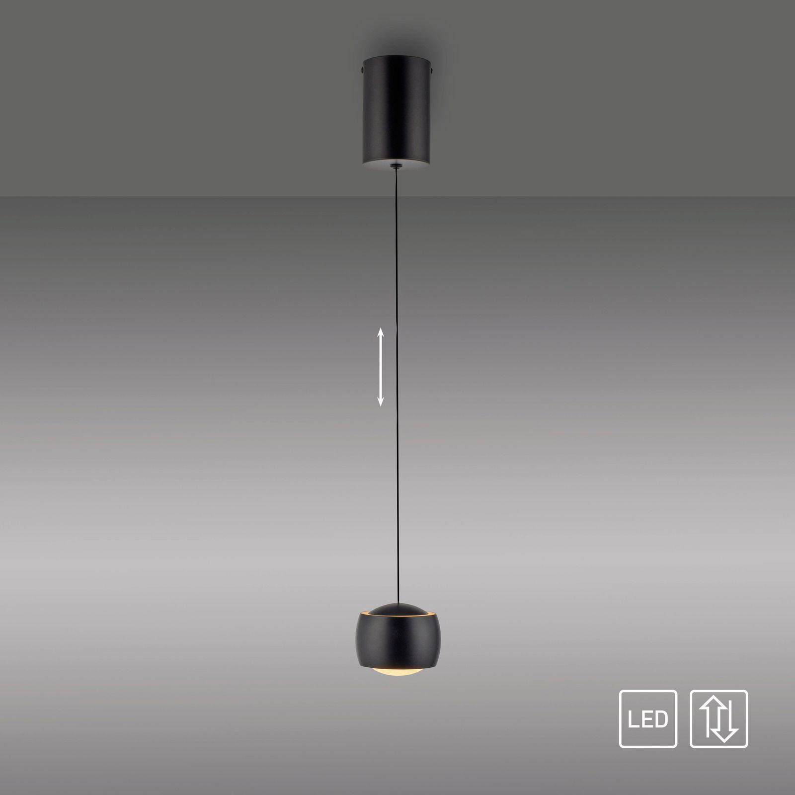 Moderne schwarze Pendelleuchte mit LED, seitliche Ansicht