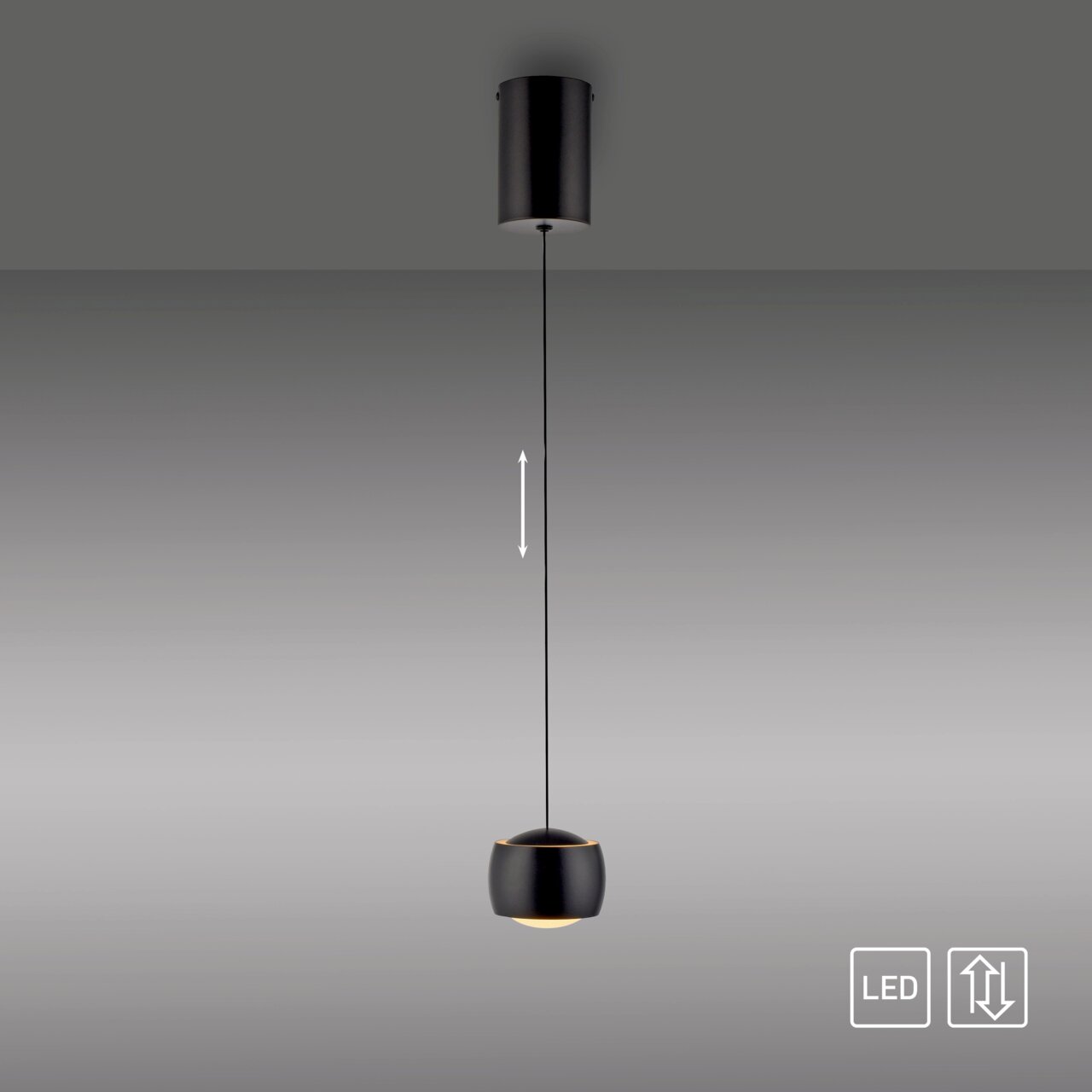 Moderne schwarze Pendelleuchte mit LED, seitliche Ansicht