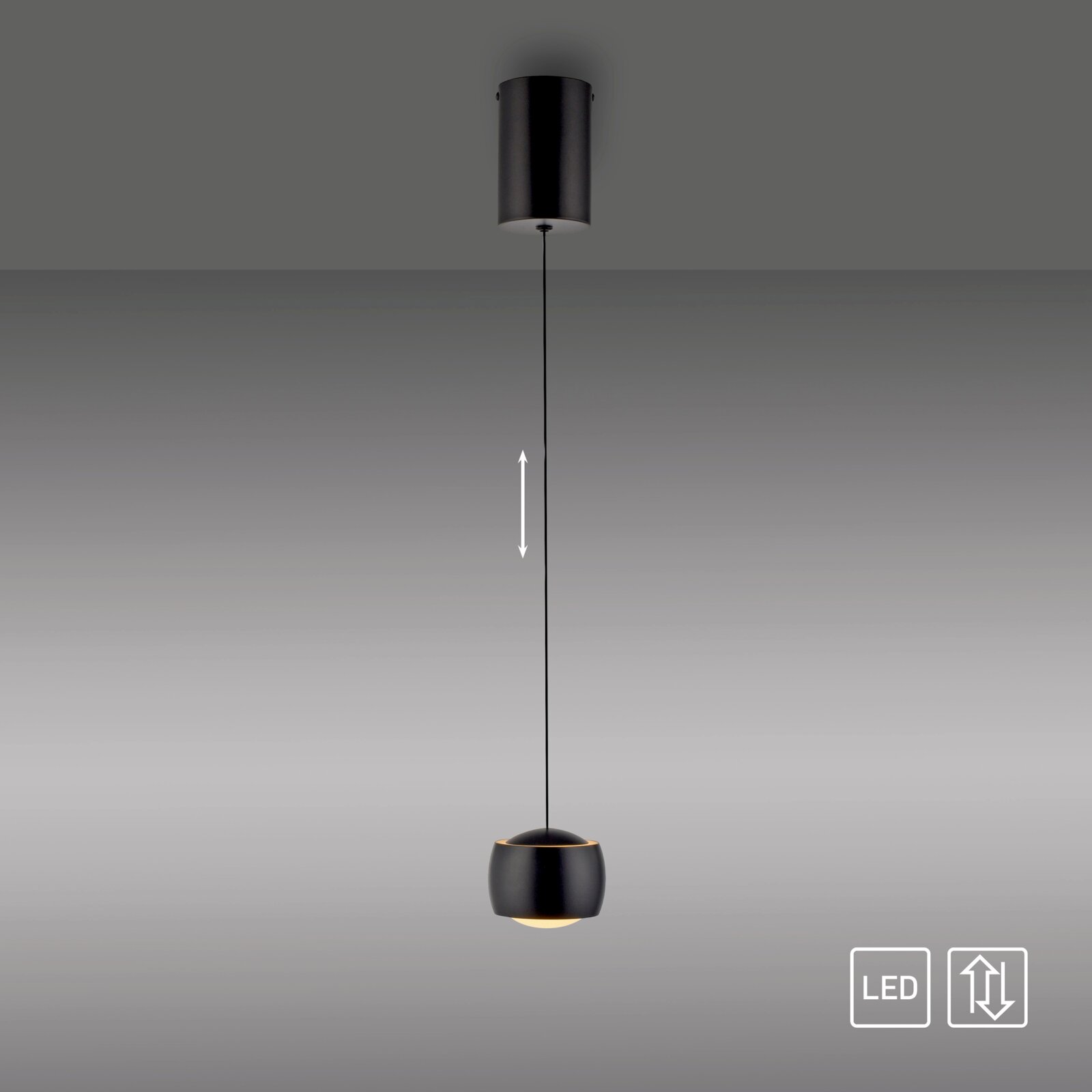 Moderne zwarte hanglamp met led, zijaanzicht