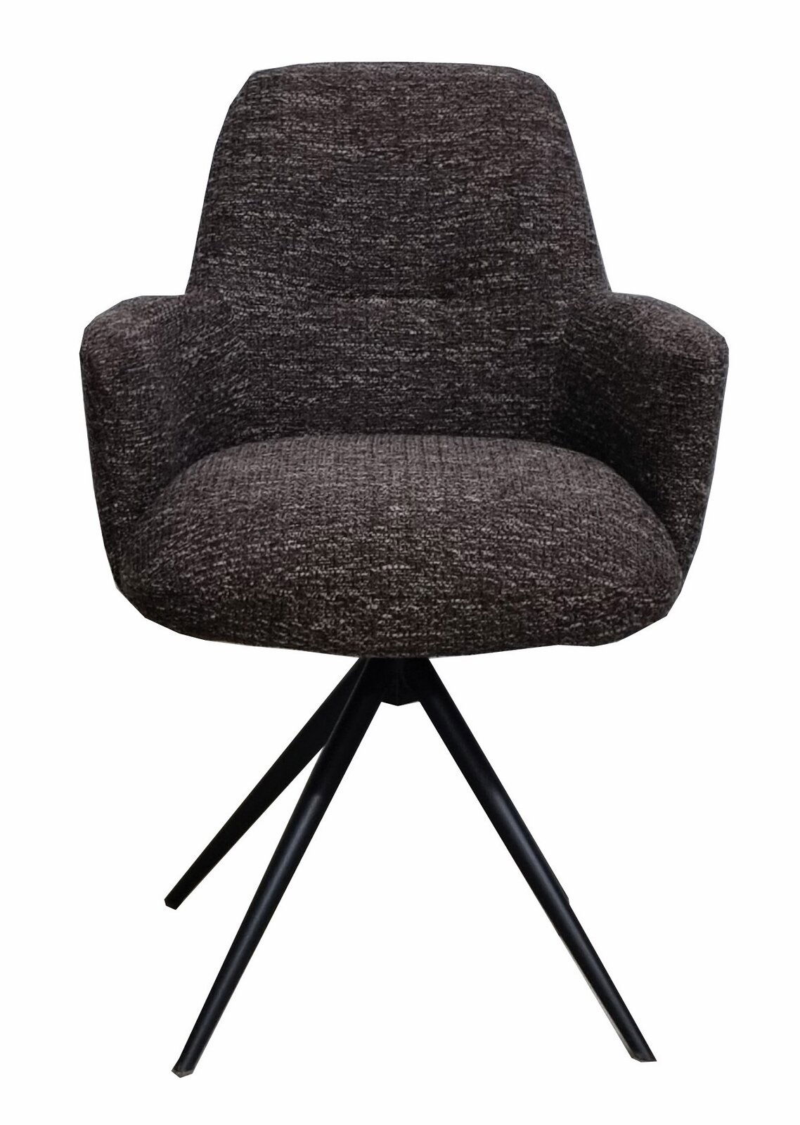 Moderner Armlehnstuhl mit schwarzem Stoffbezug und Metallbeinen, Frontalansicht