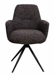 Moderner Armlehnstuhl mit schwarzem Stoffbezug und Metallbeinen, Frontalansicht