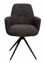 Moderner Armlehnstuhl mit schwarzem Stoffbezug und Metallbeinen, Frontalansicht