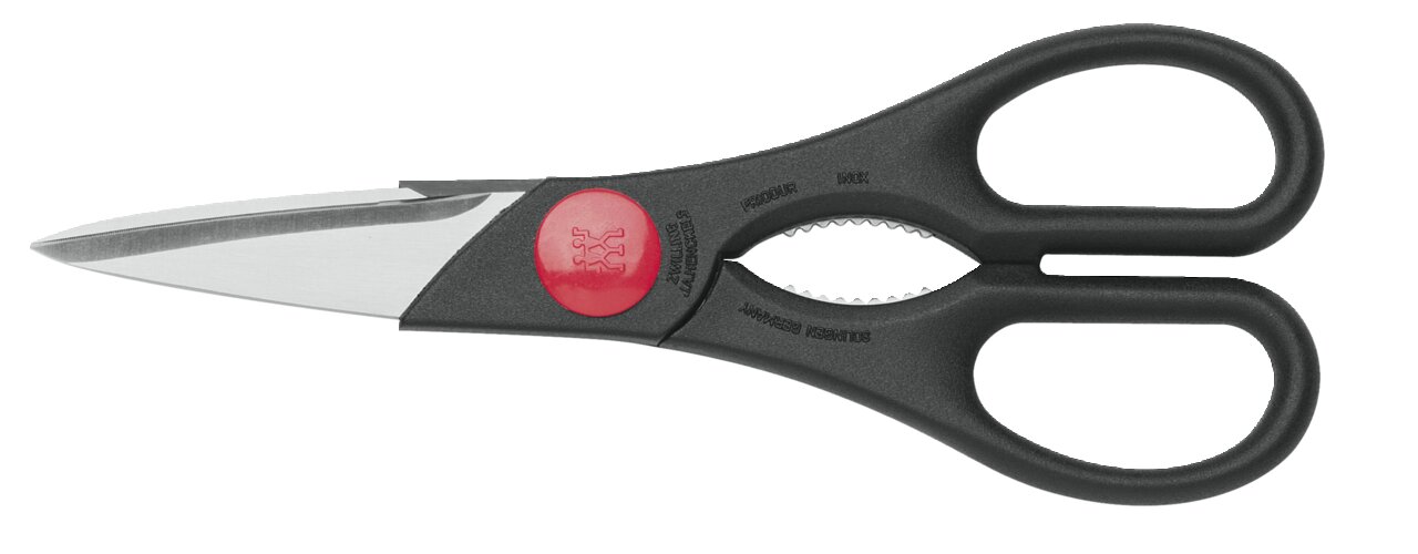 Multifunctionele schaar met zwart handvat en zilveren bladen, zijaanzicht