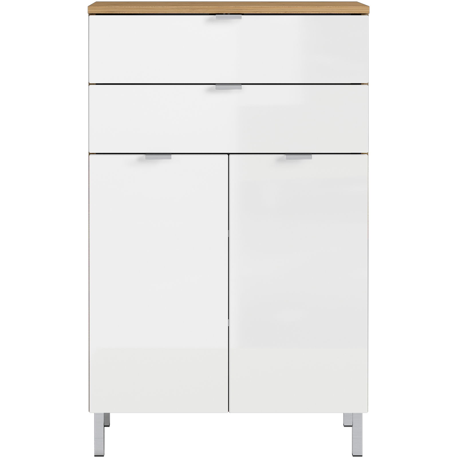 Weiße Kommode mit zwei Schubladen und zwei Türen, frontal fotografiert, mit Holzoberfläche und silbernen Griffen.