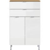 Weiße Kommode mit zwei Schubladen und zwei Türen, frontal fotografiert, mit Holzoberfläche und silbernen Griffen.