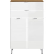 Weiße Kommode mit zwei Schubladen und zwei Türen, frontal fotografiert, mit Holzoberfläche und silbernen Griffen.