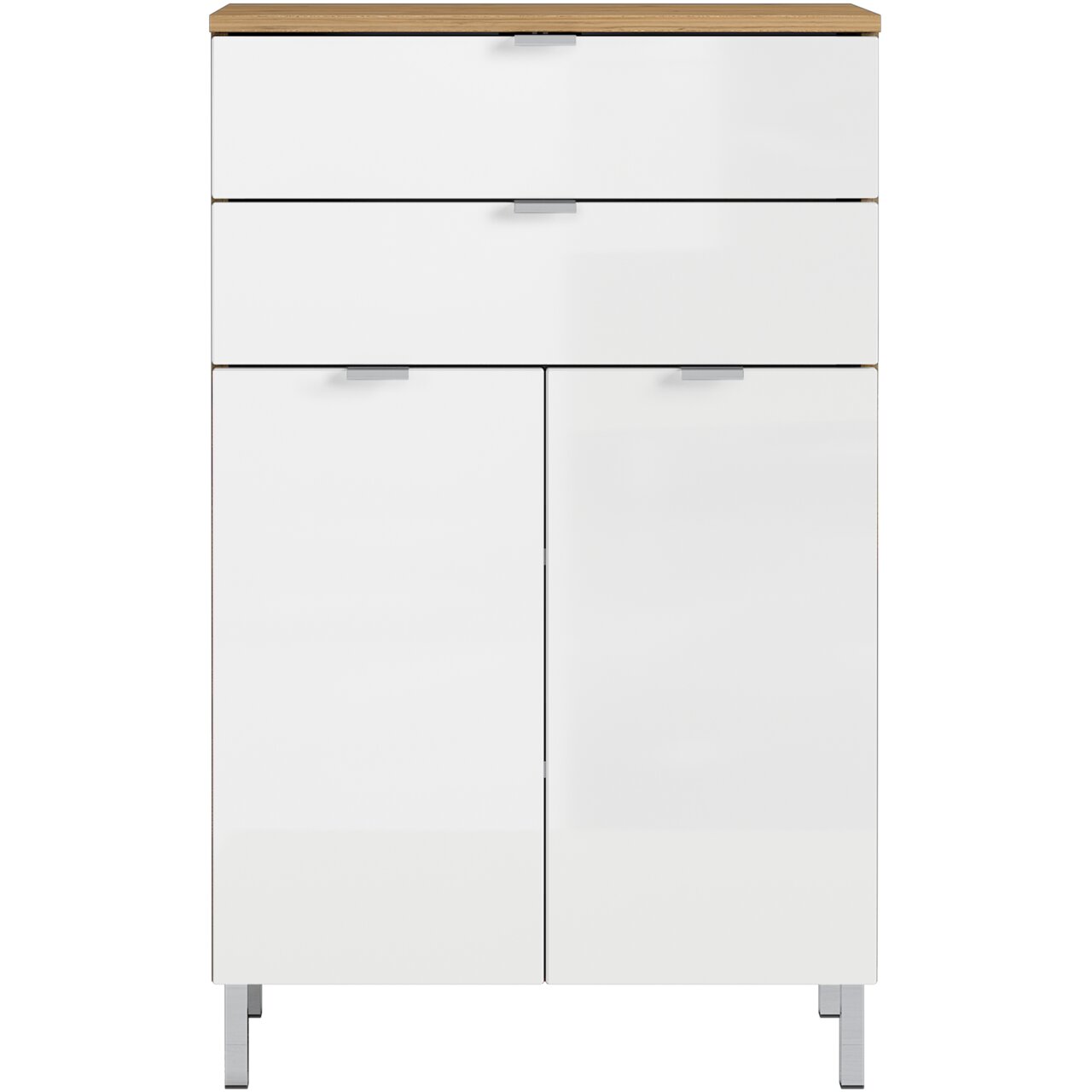 Weiße Kommode mit zwei Schubladen und zwei Türen, frontal fotografiert, mit Holzoberfläche und silbernen Griffen.