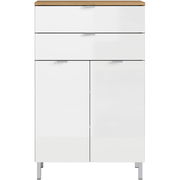 Weiße Kommode mit zwei Schubladen und zwei Türen, frontal fotografiert, mit Holzoberfläche und silbernen Griffen.