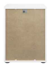 Rückansicht einer weißen Nachtkommode mit einfacher Rückwand.