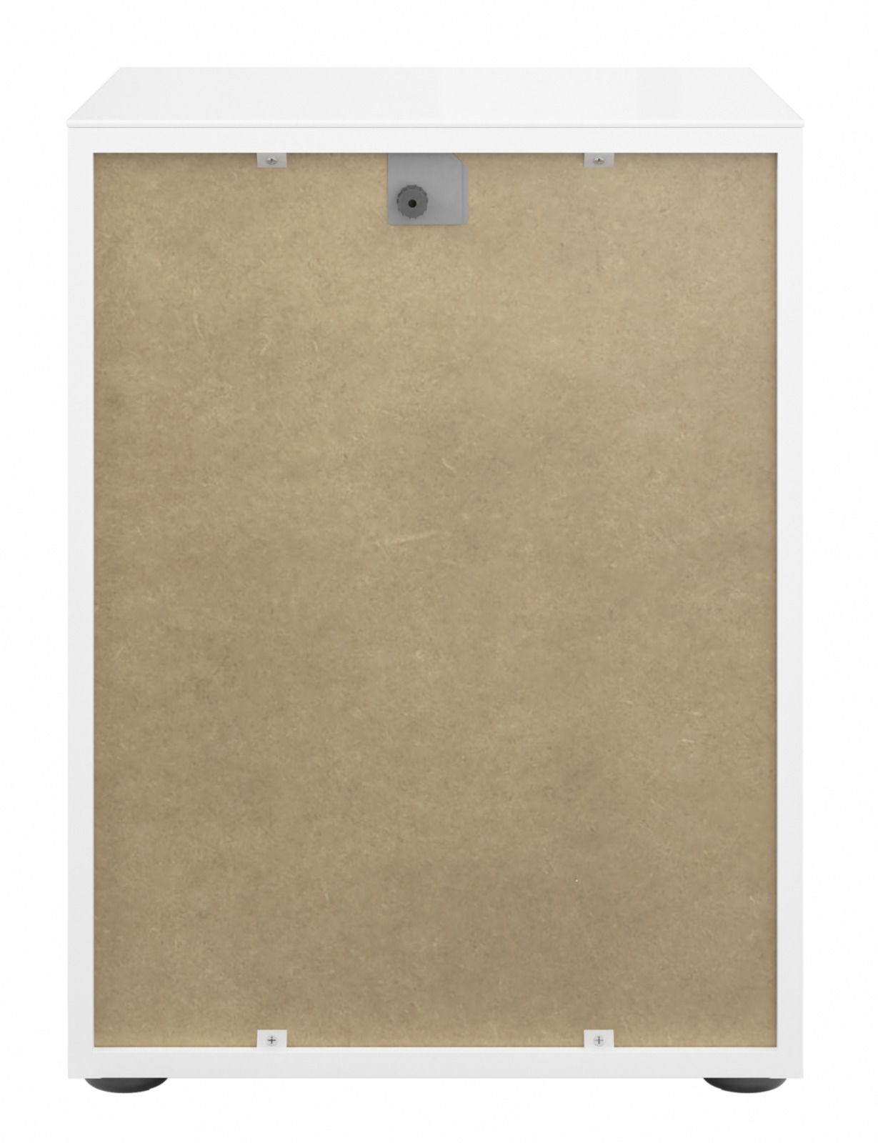 Rückansicht einer weißen Nachtkommode mit einfacher Rückwand.