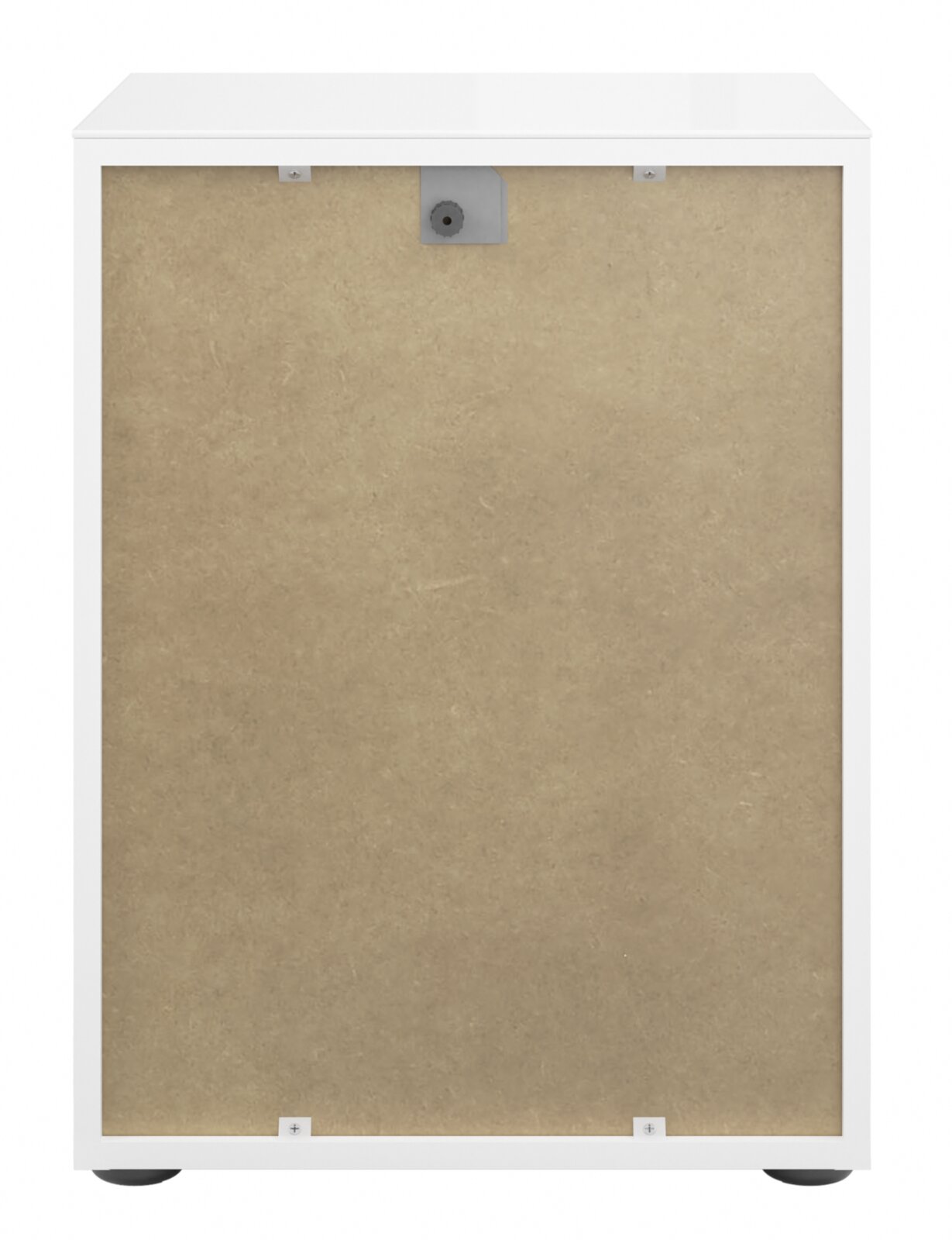 Rückansicht einer weißen Nachtkommode mit einfacher Rückwand.