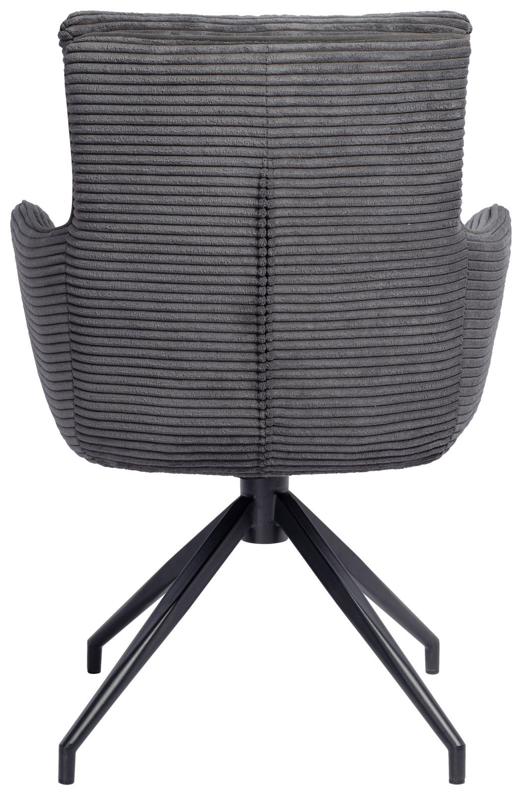 Rückansicht eines grauen Armlehnstuhls mit geripptem Stoffbezug und schwarzem Metallgestell.